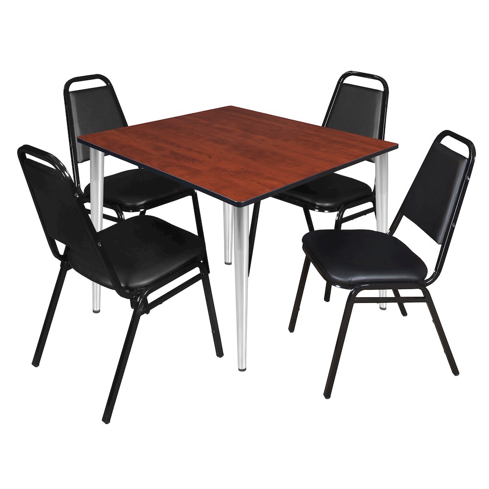 48 Square Breakroom Table- Cherry Top, Chrome Base & 4 Stack Chairs- Black. Picture 1