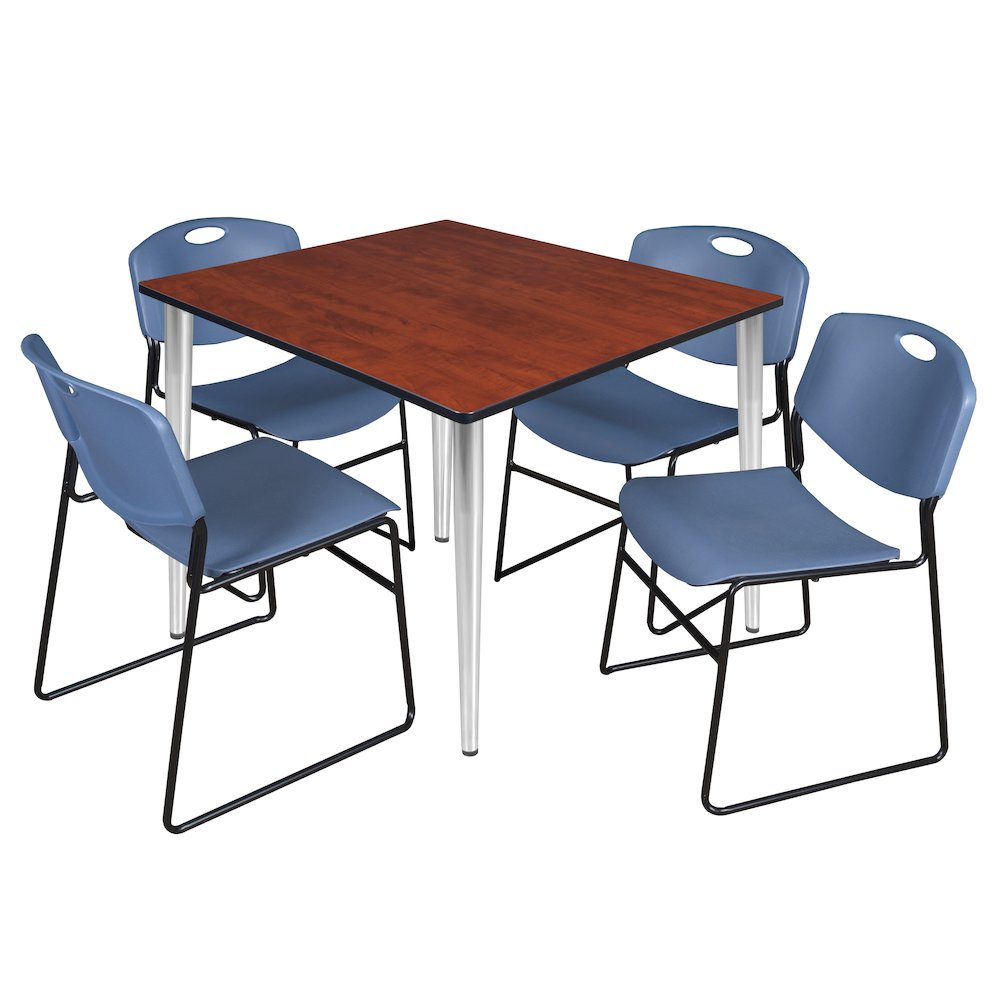 48 Square Breakroom Table- Cherry Top, Chrome Base & 4 Zeng Stack Chairs- Blue. Picture 1