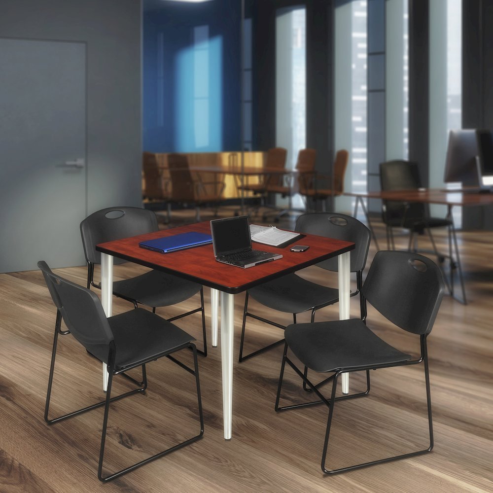 48 Square Breakroom Table- Cherry Top, Chrome Base & 4 Zeng Stack Chairs- Black. Picture 9