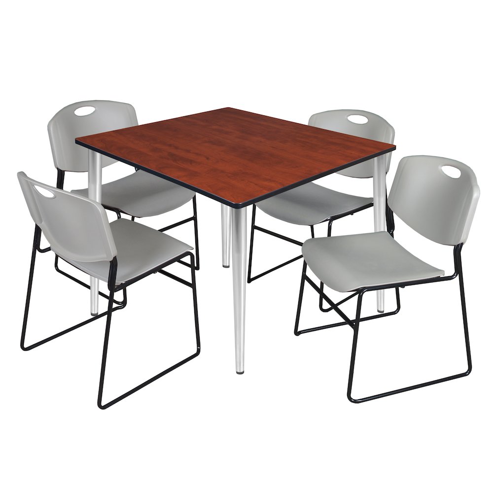 48 Square Breakroom Table- Cherry Top, Chrome Base & 4 Zeng Stack Chairs- Grey. Picture 1