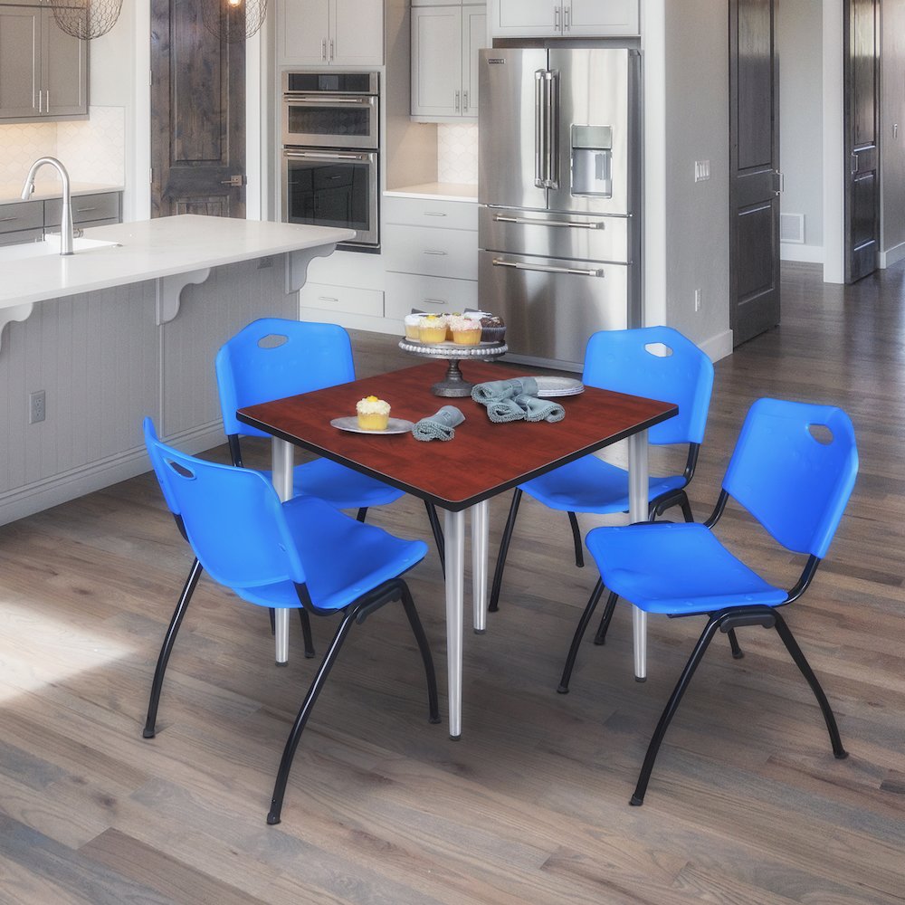 48 in. Square Breakroom Table- Cherry Top, Chrome Base & 4 M Stack Chairs- Blue. Picture 9