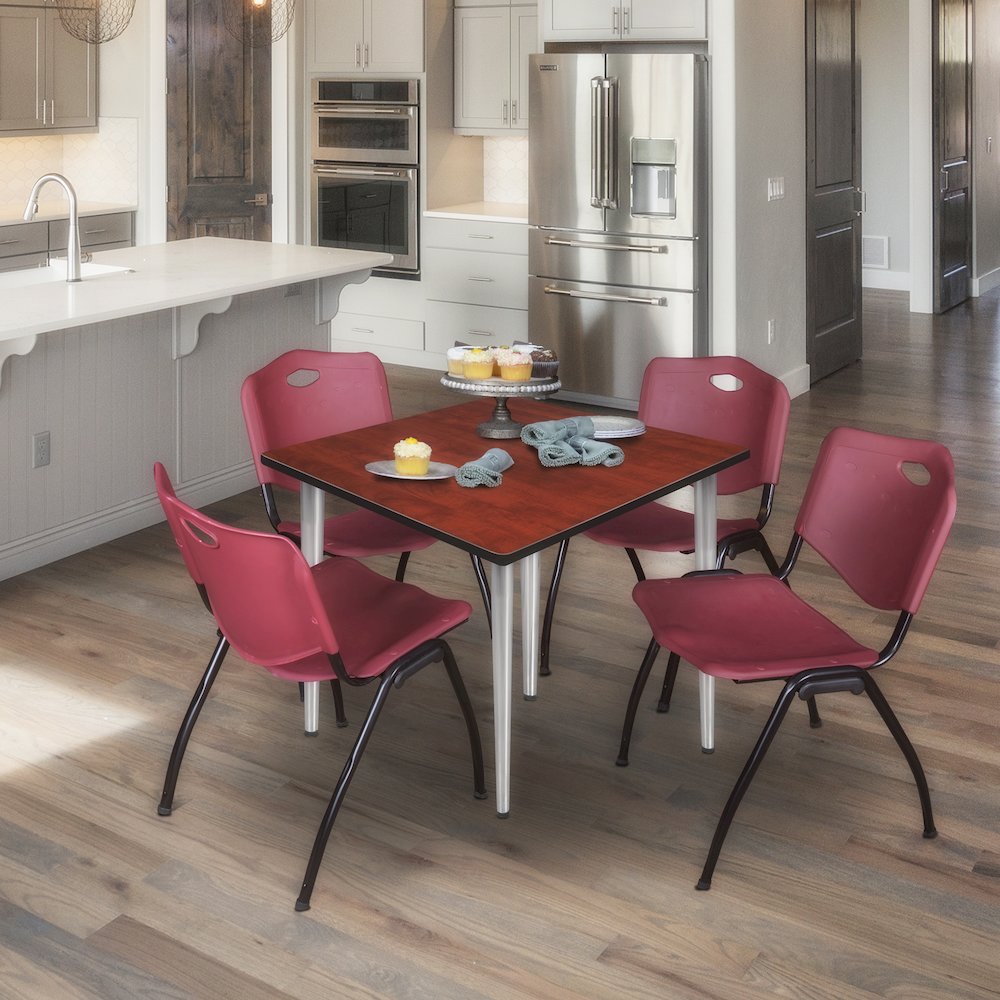48 Square Breakroom Table- Cherry Top, Chrome Base & 4 M Stack Chairs- Burgundy. Picture 9