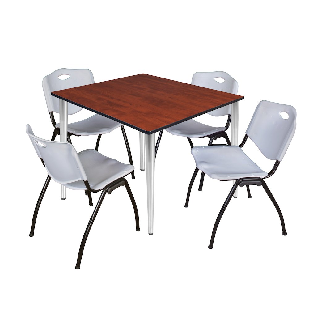 48 in. Square Breakroom Table- Cherry Top, Chrome Base & 4 M Stack Chairs- Grey. Picture 1