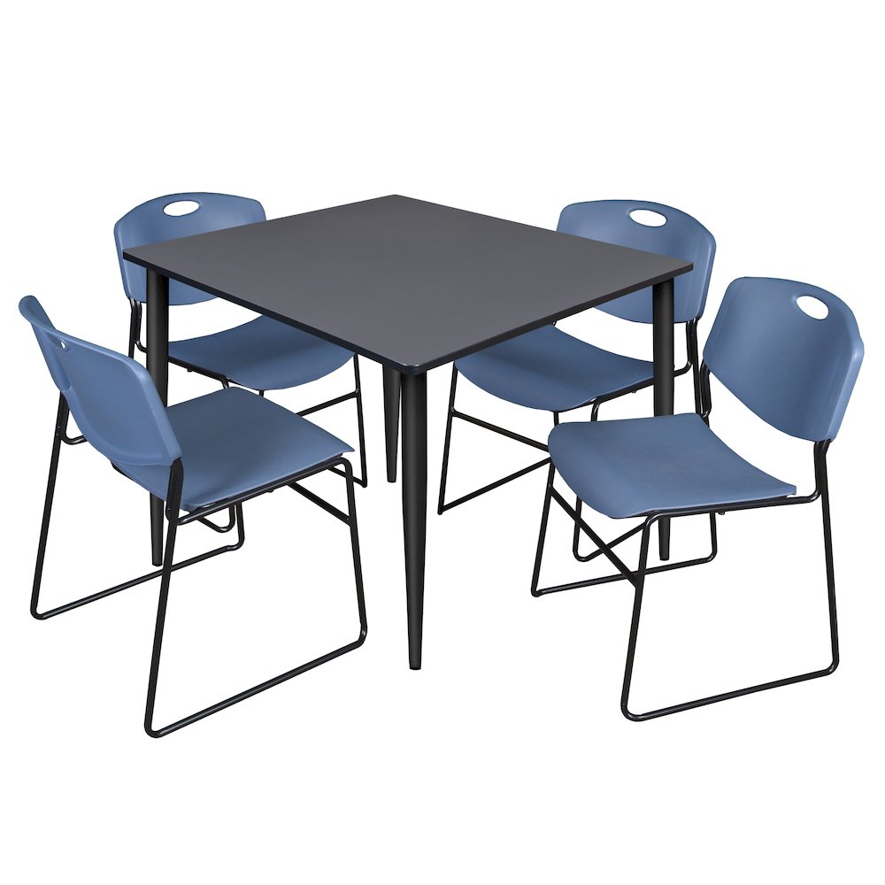 48 in. Square Breakroom Table- Grey Top, Black Base & 4 Zeng Stack Chairs- Blue. Picture 1