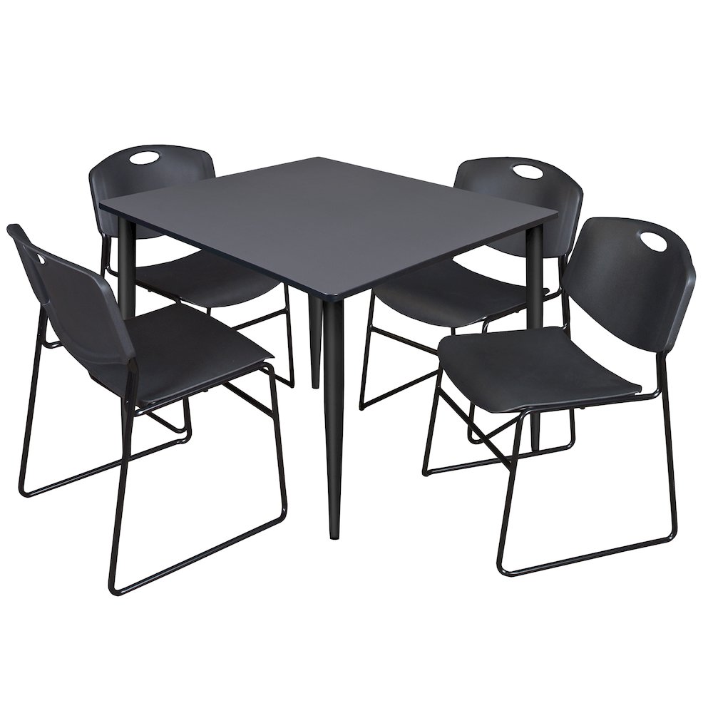 48 in. Square Breakroom Table- Grey Top, Black Base & 4 Zeng Stack Chairs- Black. Picture 1