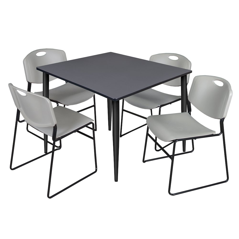 48 in. Square Breakroom Table- Grey Top, Black Base & 4 Zeng Stack Chairs- Grey. Picture 1