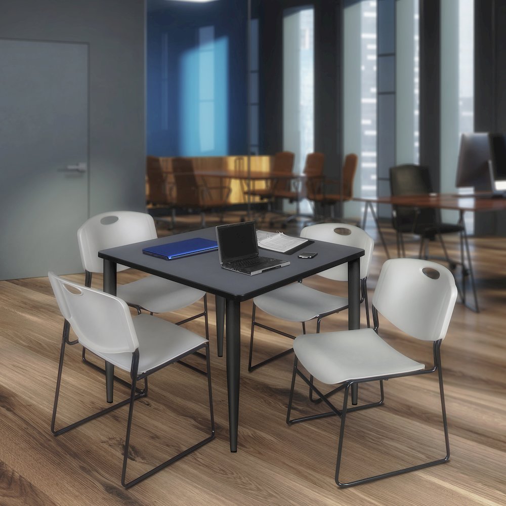 48 in. Square Breakroom Table- Grey Top, Black Base & 4 Zeng Stack Chairs- Grey. Picture 9