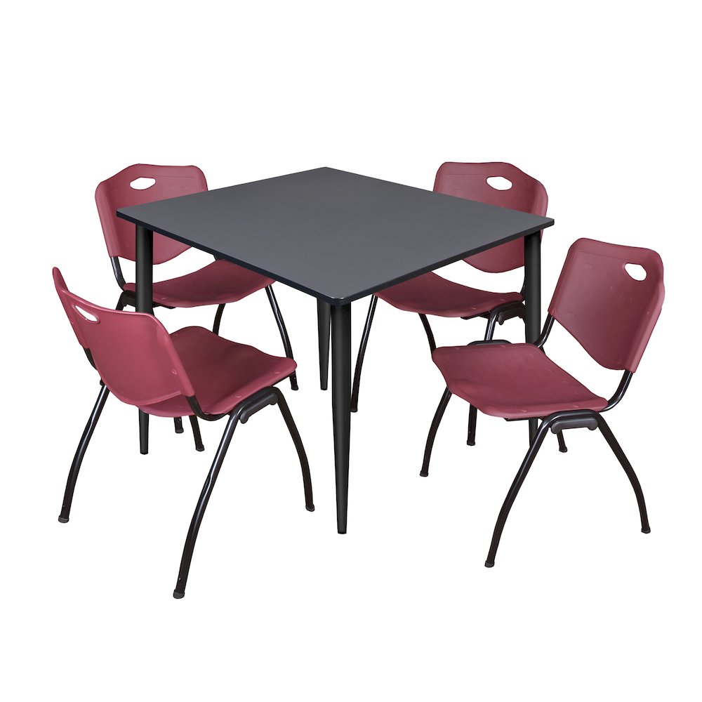 48 in. Square Breakroom Table- Grey Top, Black Base & 4 M Stack Chairs- Burgundy. Picture 1