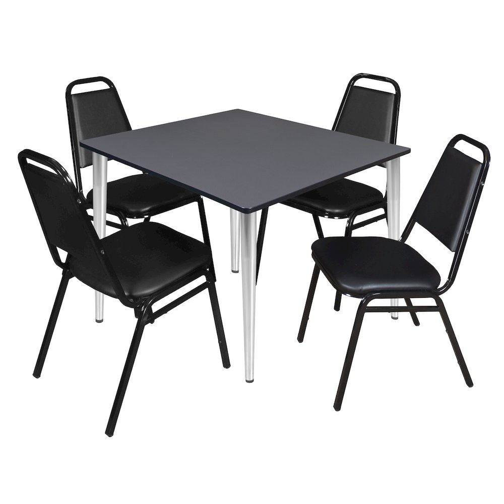 48 Square Breakroom Table- Grey Top, Chrome Base & 4 Stack Chairs- Black. Picture 1