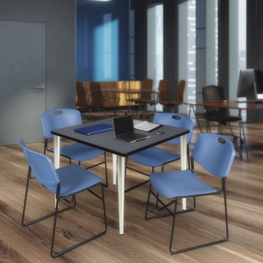48 in. Square Breakroom Table- Grey Top, Chrome Base & 4 Zeng Stack Chairs- Blue. Picture 9