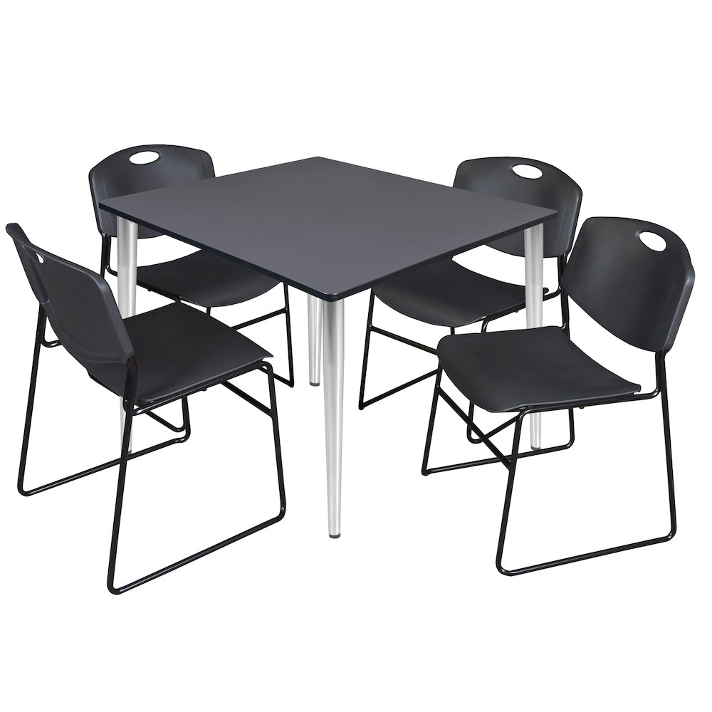 48 Square Breakroom Table- Grey Top, Chrome Base & 4 Zeng Stack Chairs- Black. Picture 1