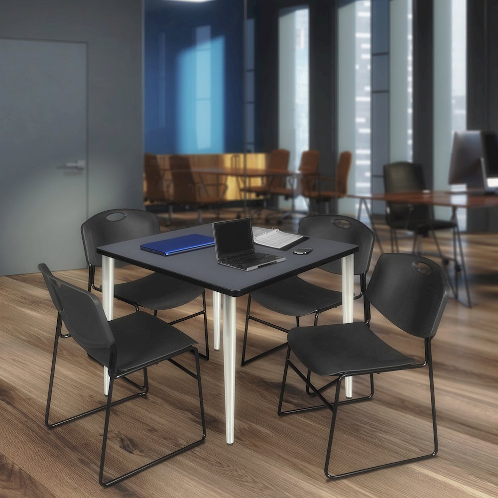 48 Square Breakroom Table- Grey Top, Chrome Base & 4 Zeng Stack Chairs- Black. Picture 9