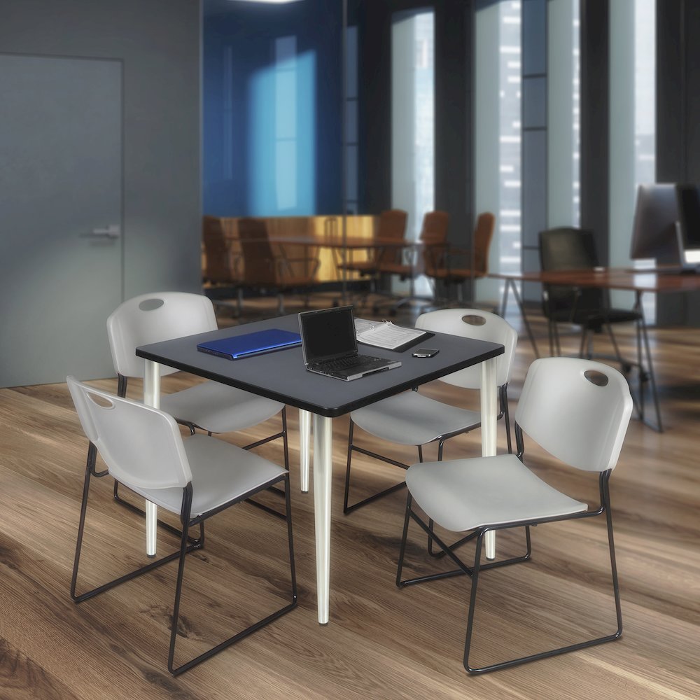 48 in. Square Breakroom Table- Grey Top, Chrome Base & 4 Zeng Stack Chairs- Grey. Picture 9