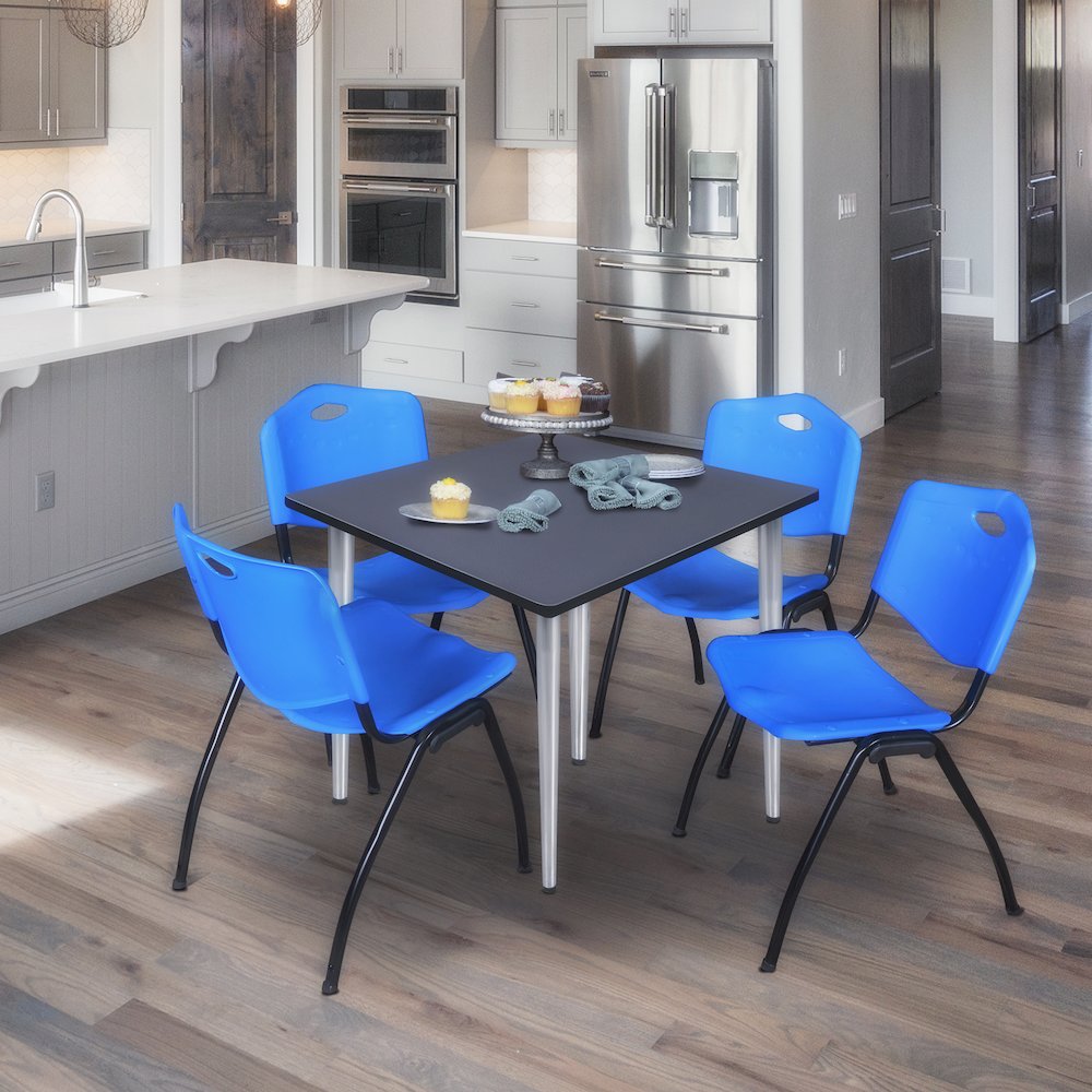 48 in. Square Breakroom Table- Grey Top, Chrome Base & 4 M Stack Chairs- Blue. Picture 9