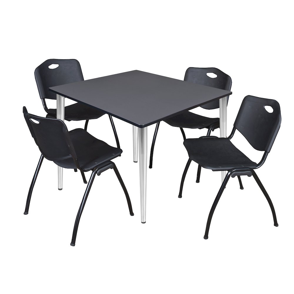 48 in. Square Breakroom Table- Grey Top, Chrome Base & 4 M Stack Chairs- Black. Picture 1