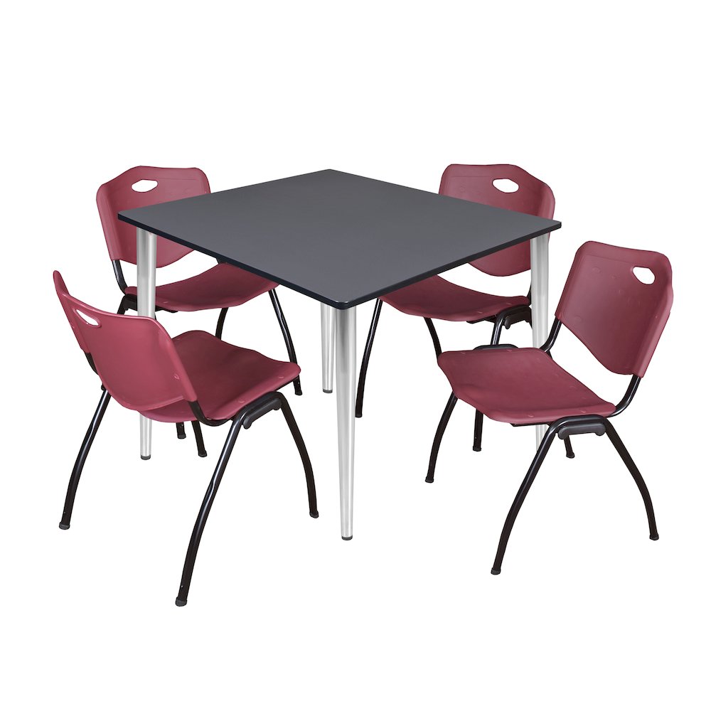 48 Square Breakroom Table- Grey Top, Chrome Base & 4 M Stack Chairs- Burgundy. Picture 1