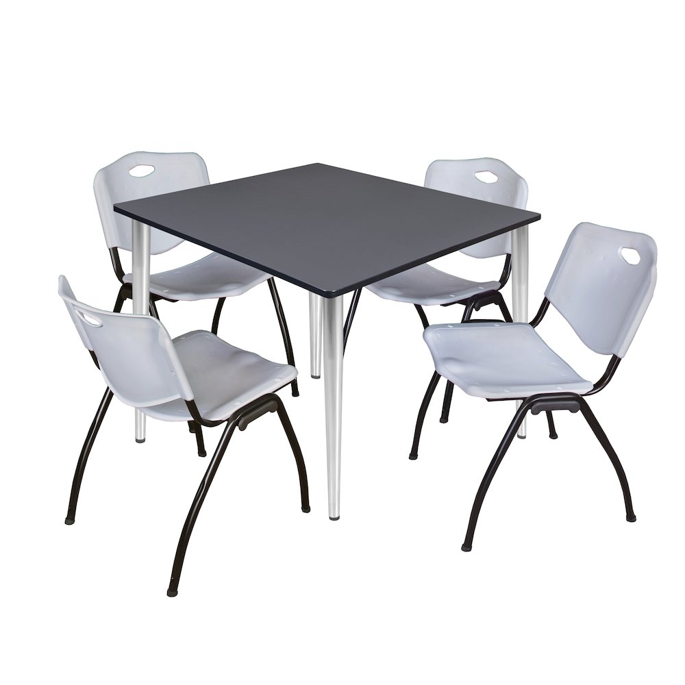 48 in. Square Breakroom Table- Grey Top, Chrome Base & 4 M Stack Chairs- Grey. Picture 1