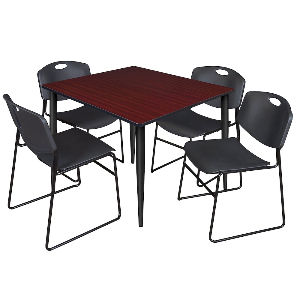 48 Square Breakroom Table- Mahogany Top, Black Base & 4 Zeng Stack Chairs- Black. Picture 1