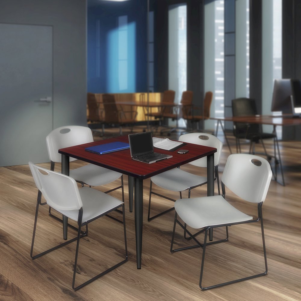 48 Square Breakroom Table- Mahogany Top, Black Base & 4 Zeng Stack Chairs- Grey. Picture 9
