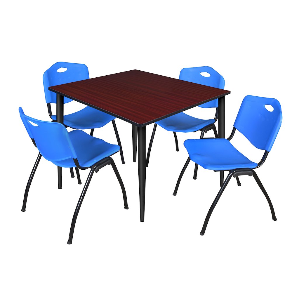 48 in. Square Breakroom Table- Mahogany Top, Black Base & 4 M Stack Chairs- Blue. Picture 1