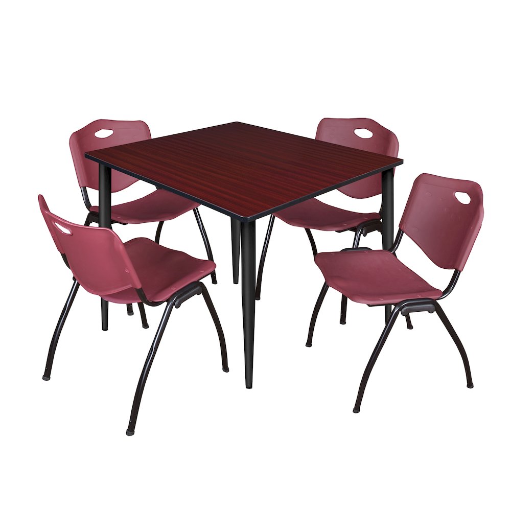 48 Square Breakroom Table- Mahogany Top, Black Base & 4 M Stack Chairs- Burgundy. Picture 1