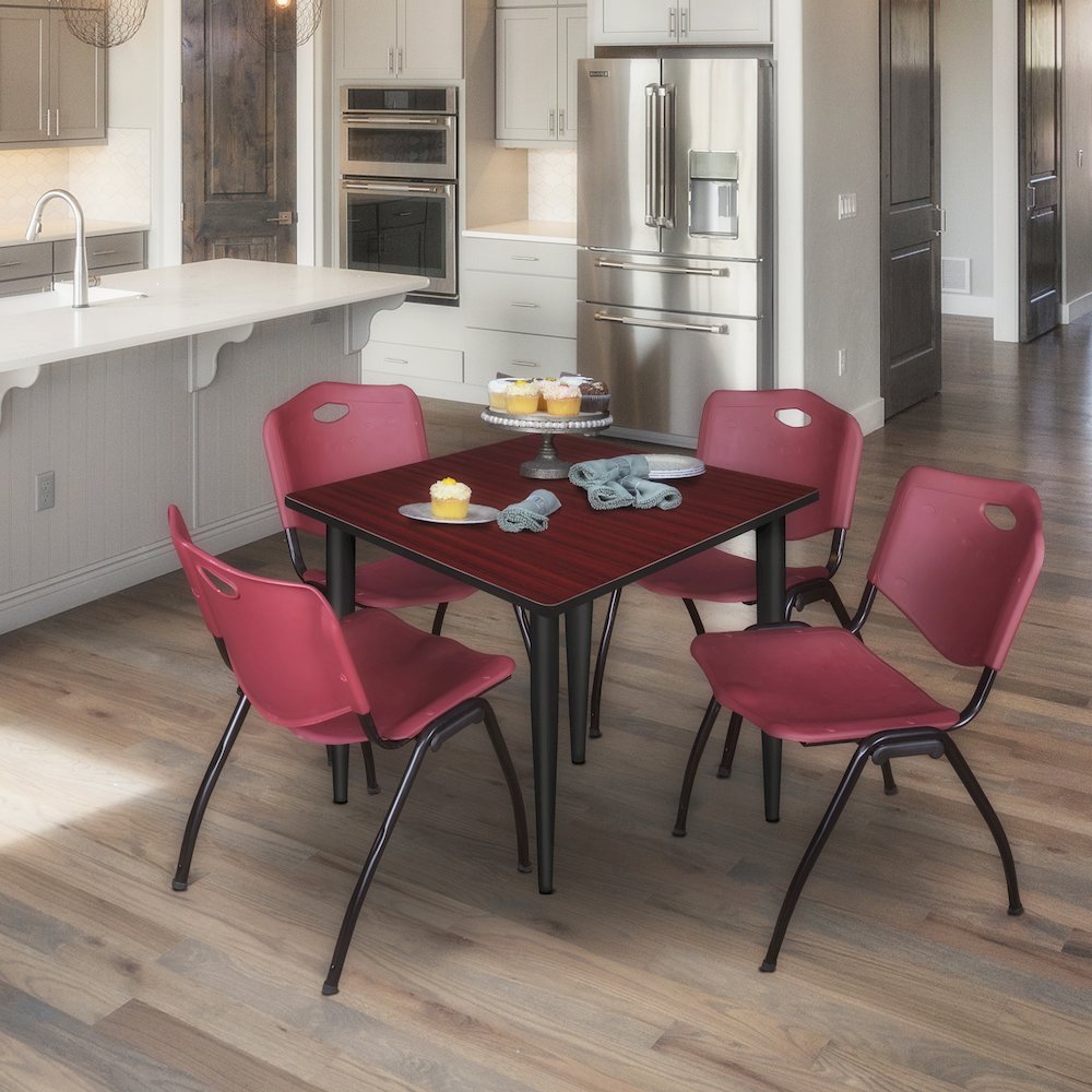 48 Square Breakroom Table- Mahogany Top, Black Base & 4 M Stack Chairs- Burgundy. Picture 9