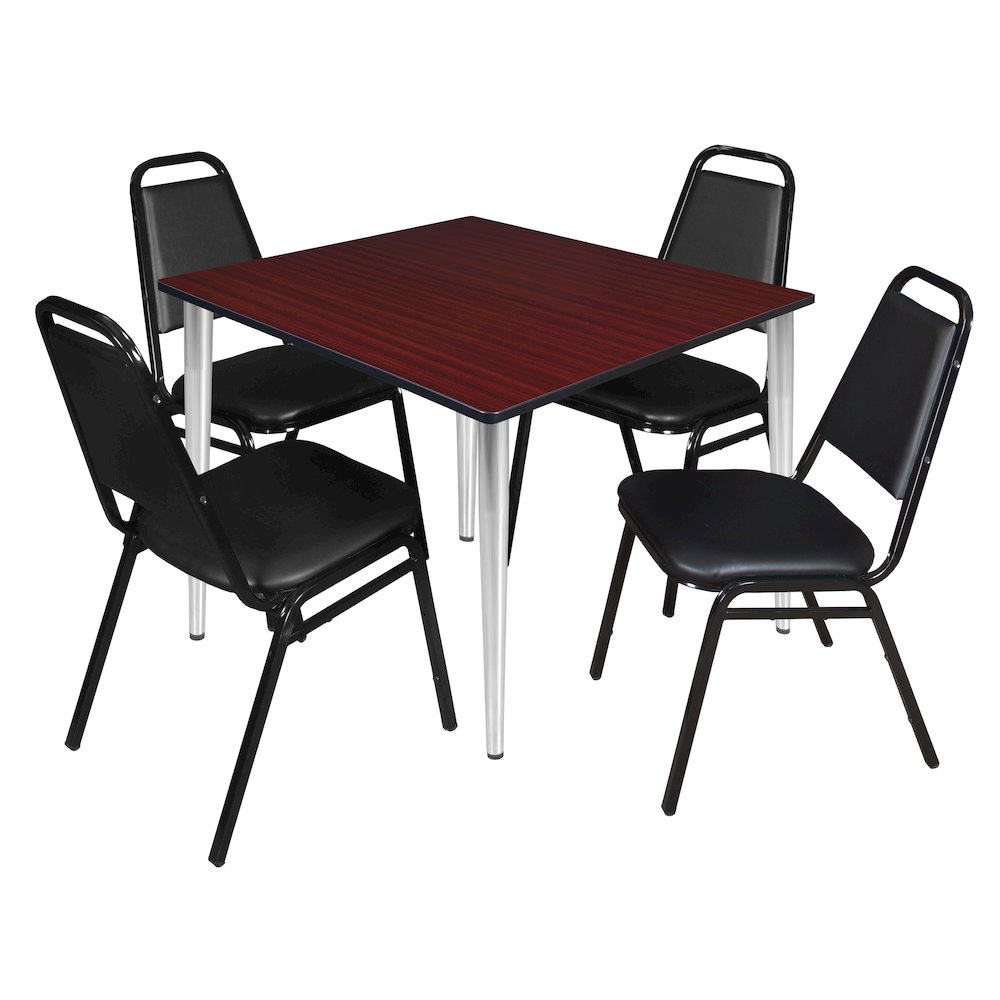 48 Square Breakroom Table- Mahogany Top, Chrome Base & 4 Stack Chairs- Black. Picture 1