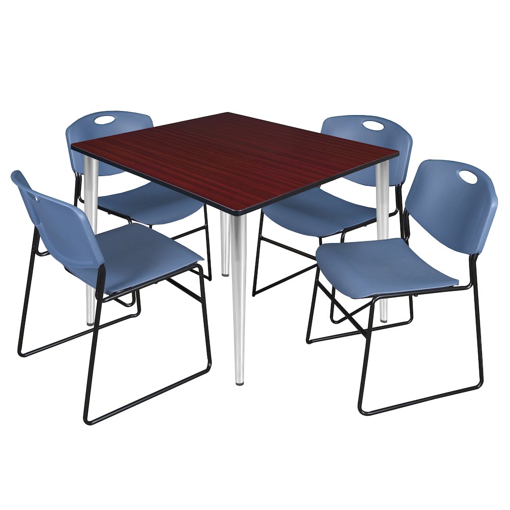 48 Square Breakroom Table- Mahogany Top, Chrome Base & 4 Zeng Stack Chairs- Blue. Picture 1