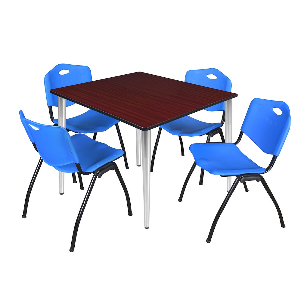 48 Square Breakroom Table- Mahogany Top, Chrome Base & 4 M Stack Chairs- Blue. Picture 1