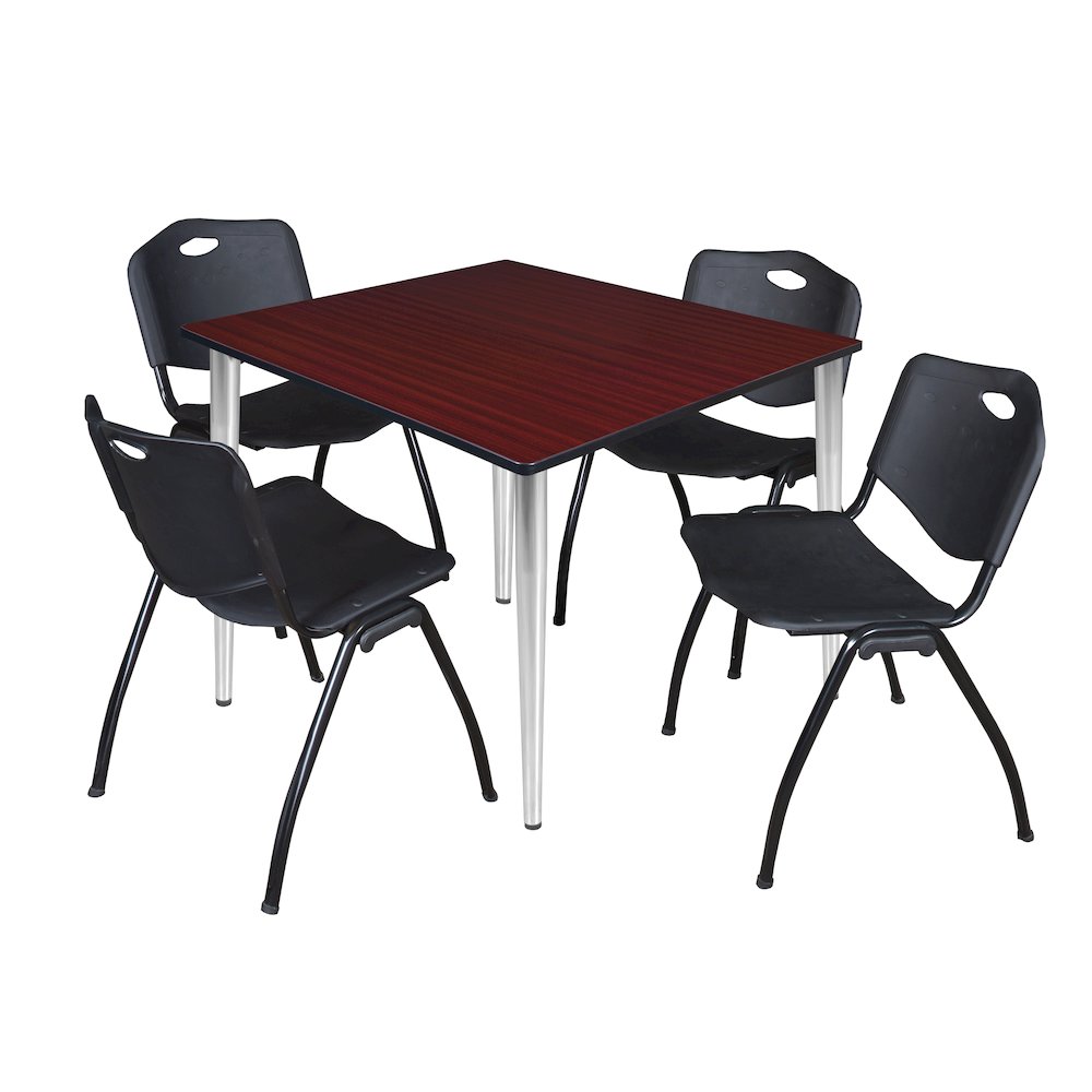 48 Square Breakroom Table- Mahogany Top, Chrome Base & 4 M Stack Chairs- Black. Picture 1