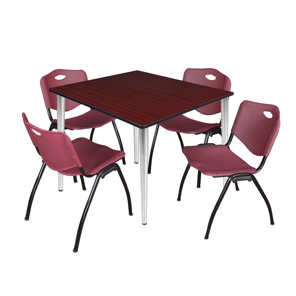 48 Square Breakroom Table- Mahogany Top, Chrome Base, 4 M Stack Chairs- Burgundy. Picture 1