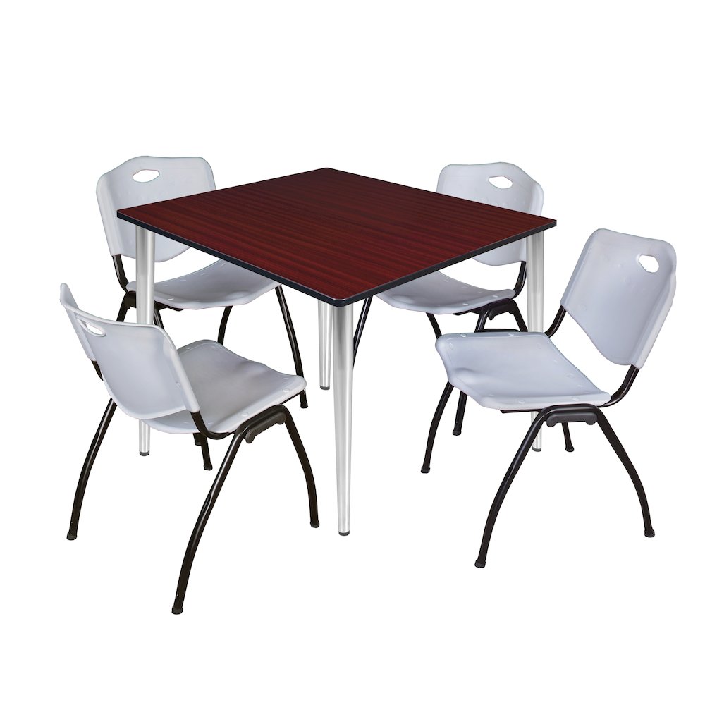 48 Square Breakroom Table- Mahogany Top, Chrome Base & 4 M Stack Chairs- Grey. Picture 1