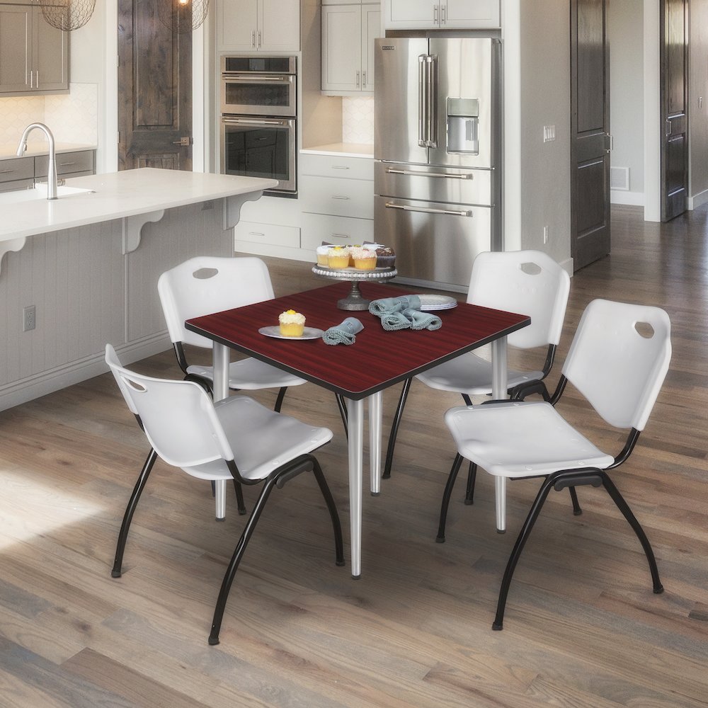 48 Square Breakroom Table- Mahogany Top, Chrome Base & 4 M Stack Chairs- Grey. Picture 9