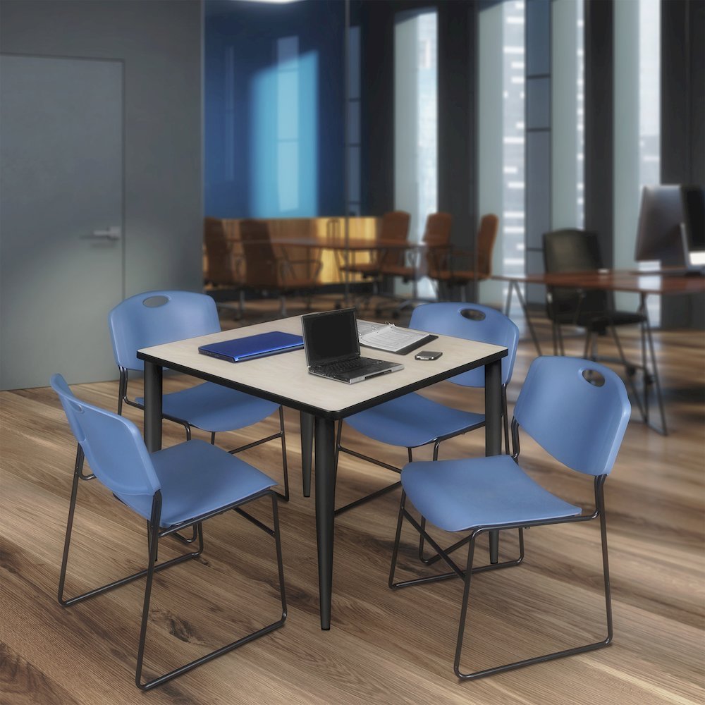 48 in. Square Breakroom Table- Maple Top, Black Base & 4 Zeng Stack Chairs- Blue. Picture 9