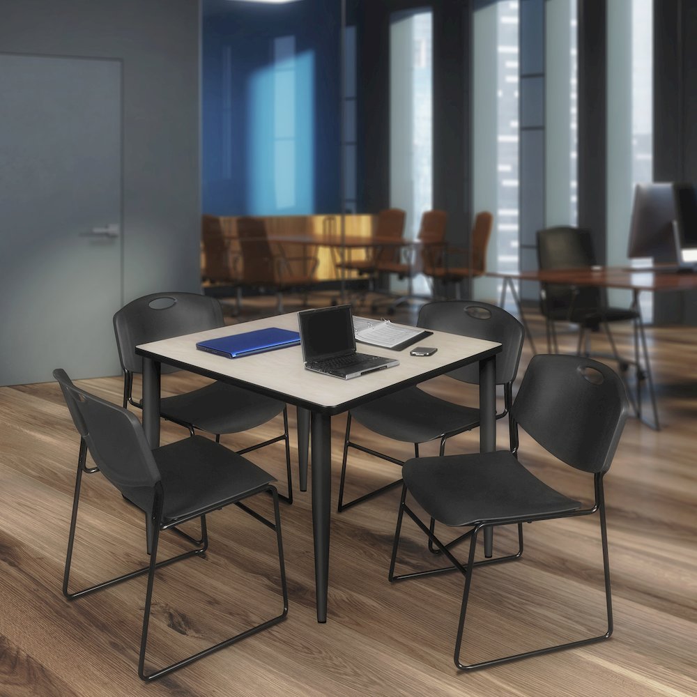 48 Square Breakroom Table- Maple Top, Black Base & 4 Zeng Stack Chairs- Black. Picture 9