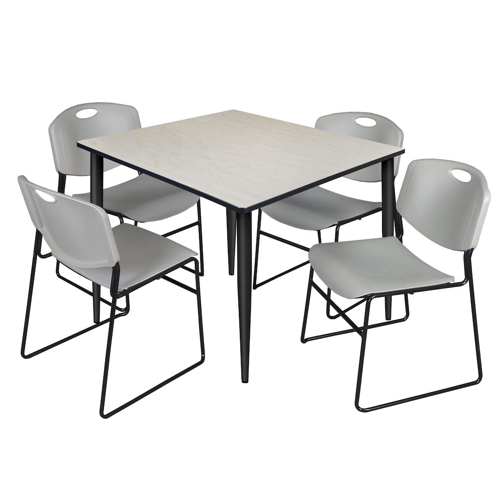 48 in. Square Breakroom Table- Maple Top, Black Base & 4 Zeng Stack Chairs- Grey. Picture 1