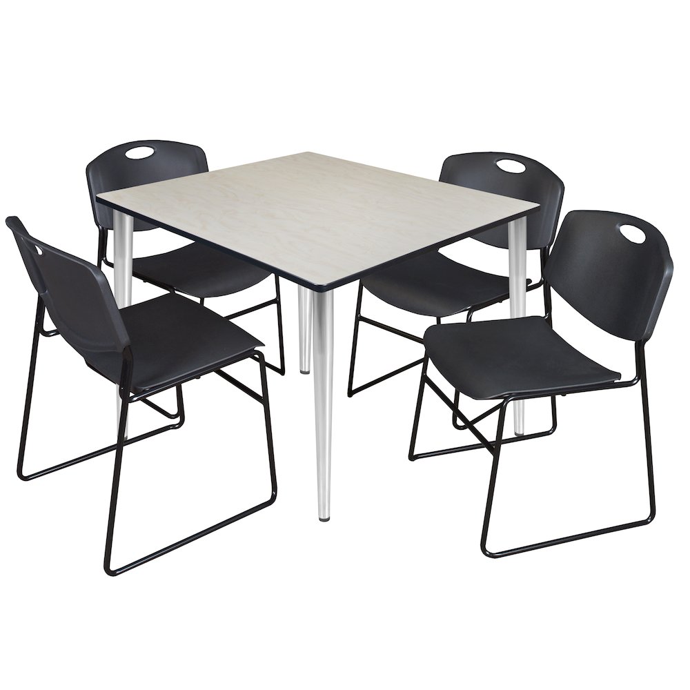 48 Square Breakroom Table- Maple Top, Chrome Base & 4 Zeng Stack Chairs- Black. Picture 1