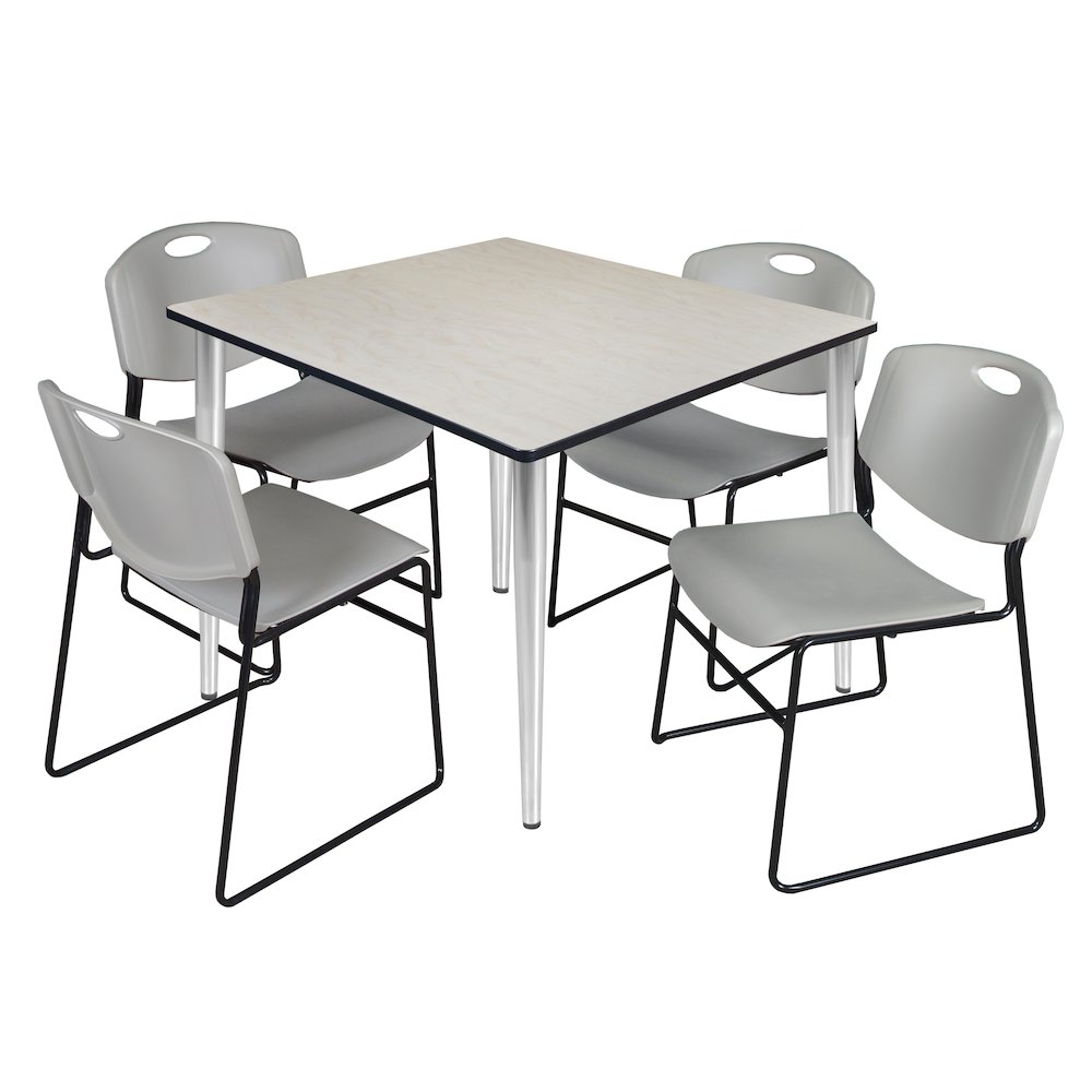48 Square Breakroom Table- Maple Top, Chrome Base & 4 Zeng Stack Chairs- Grey. Picture 1