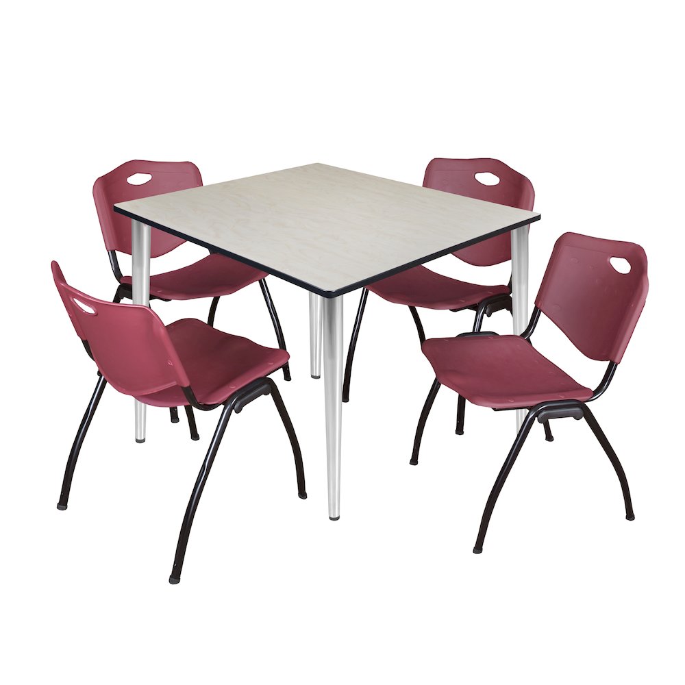 48 Square Breakroom Table- Maple Top, Chrome Base & 4 M Stack Chairs- Burgundy. Picture 1