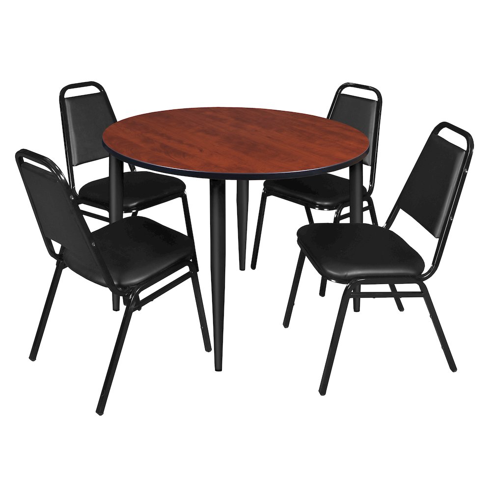 48 Round Breakroom Table- Cherry Top, Black Base & 4 Stack Chairs- Black. Picture 1