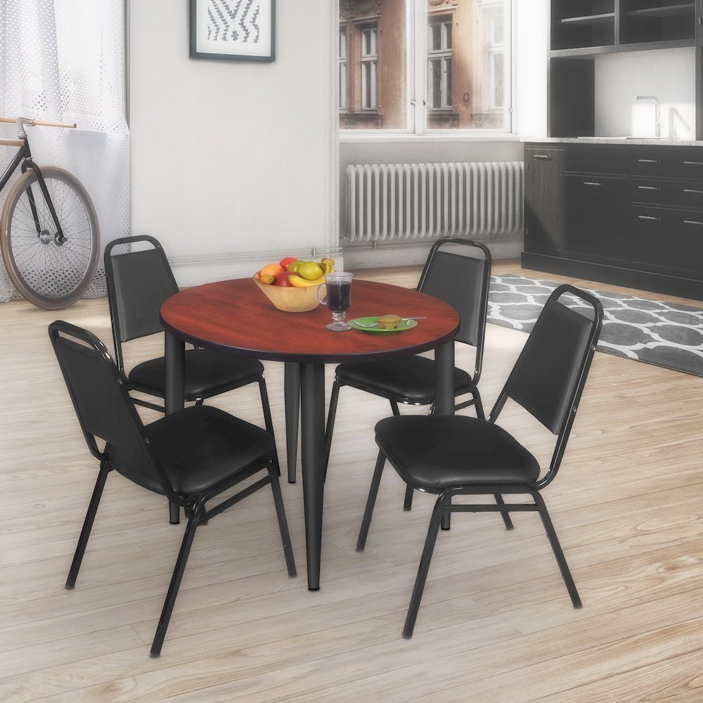 48 Round Breakroom Table- Cherry Top, Black Base & 4 Stack Chairs- Black. Picture 8