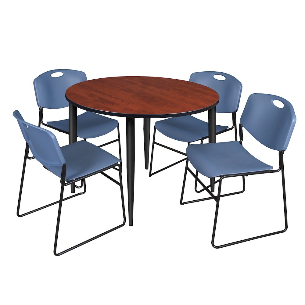 48 in. Round Breakroom Table- Cherry Top, Black Base & 4 Zeng Stack Chairs- Blue. Picture 1