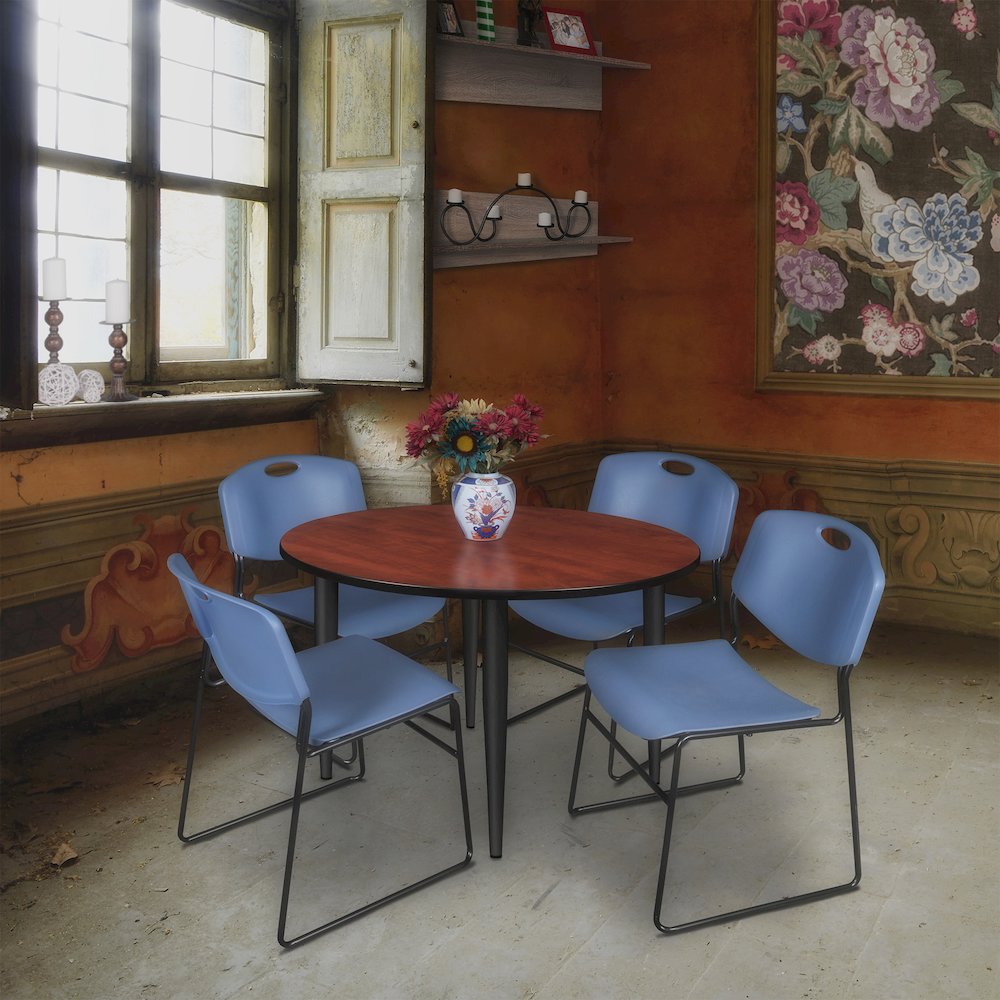 48 in. Round Breakroom Table- Cherry Top, Black Base & 4 Zeng Stack Chairs- Blue. Picture 8