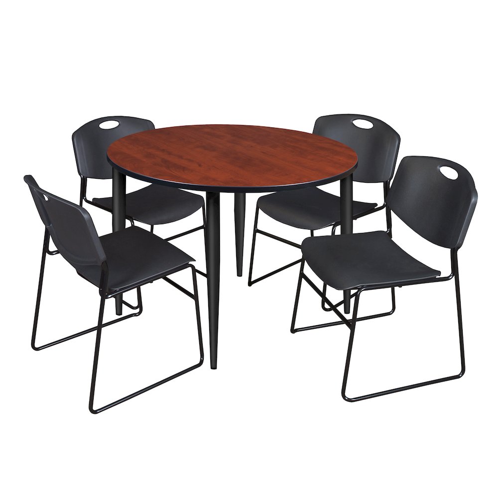 48 Round Breakroom Table- Cherry Top, Black Base & 4 Zeng Stack Chairs- Black. Picture 1