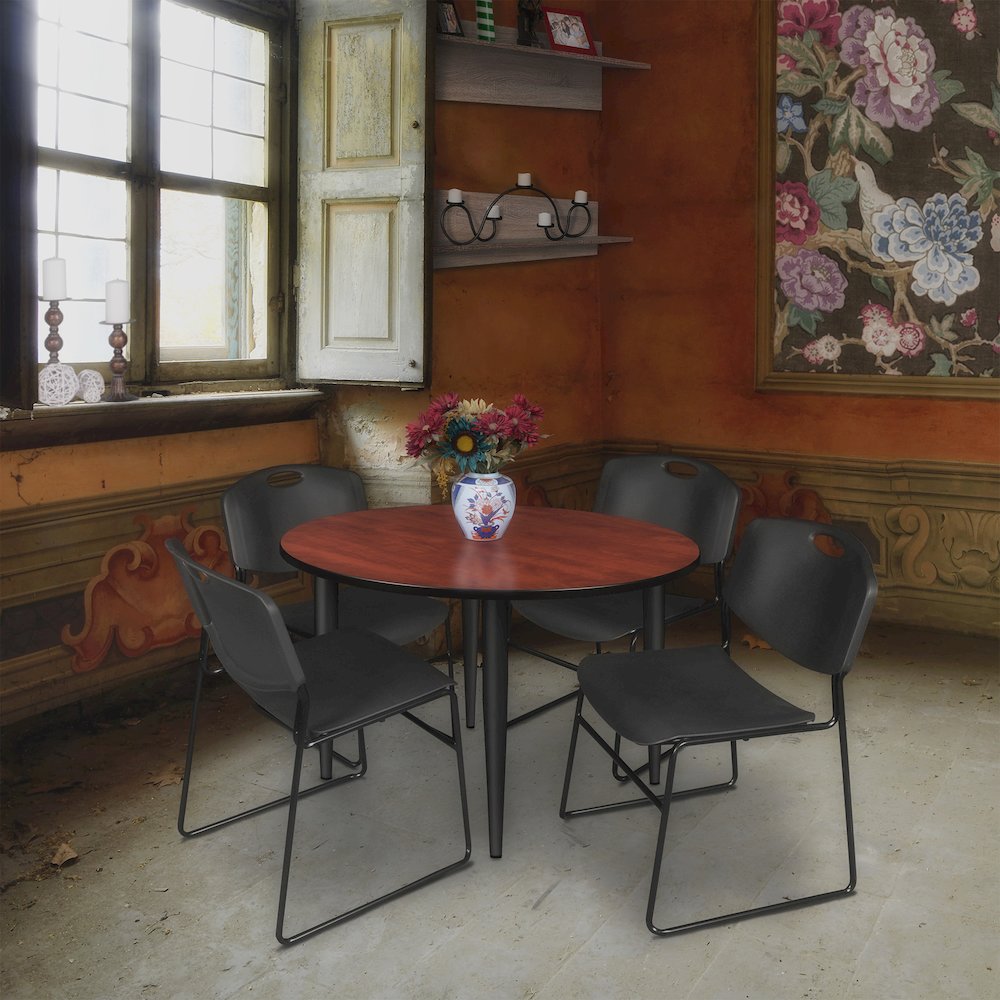 48 Round Breakroom Table- Cherry Top, Black Base & 4 Zeng Stack Chairs- Black. Picture 8