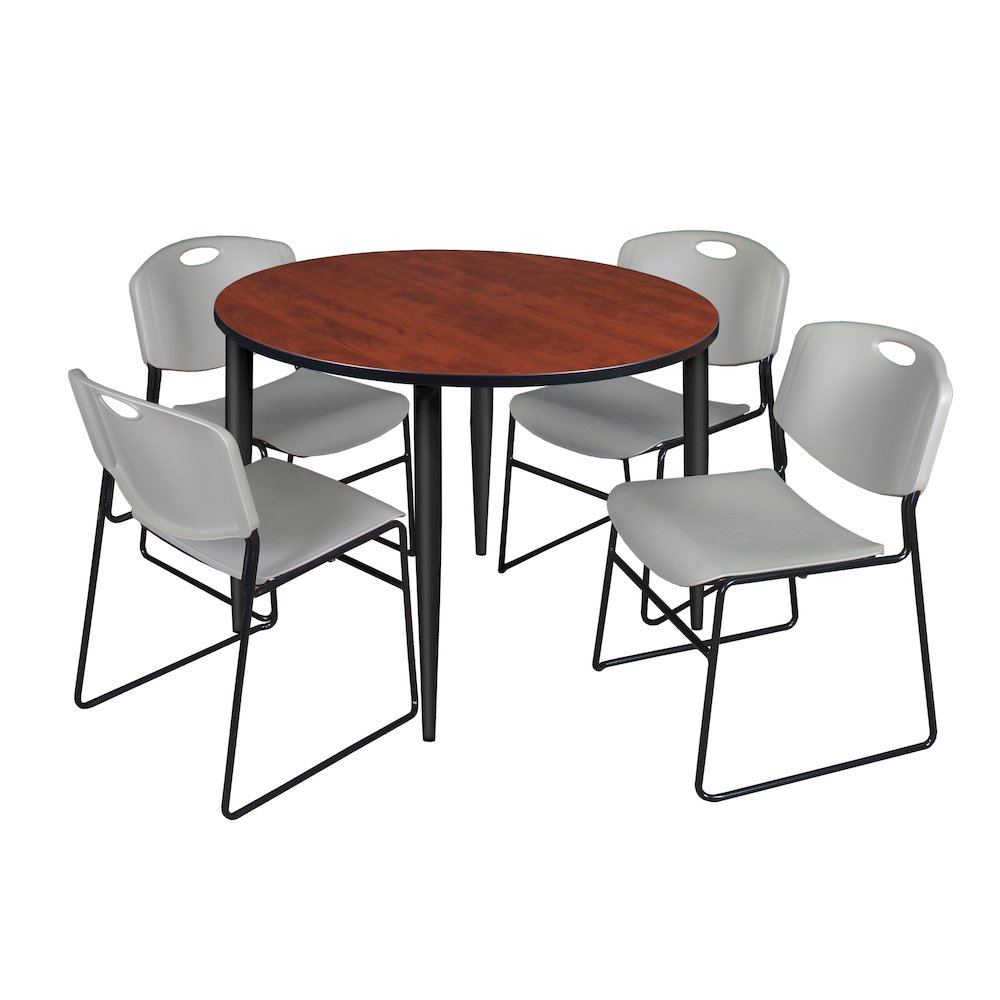48 in. Round Breakroom Table- Cherry Top, Black Base & 4 Zeng Stack Chairs- Grey. Picture 1
