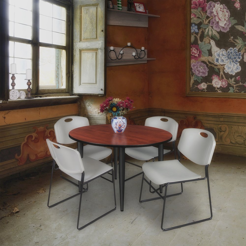 48 in. Round Breakroom Table- Cherry Top, Black Base & 4 Zeng Stack Chairs- Grey. Picture 8