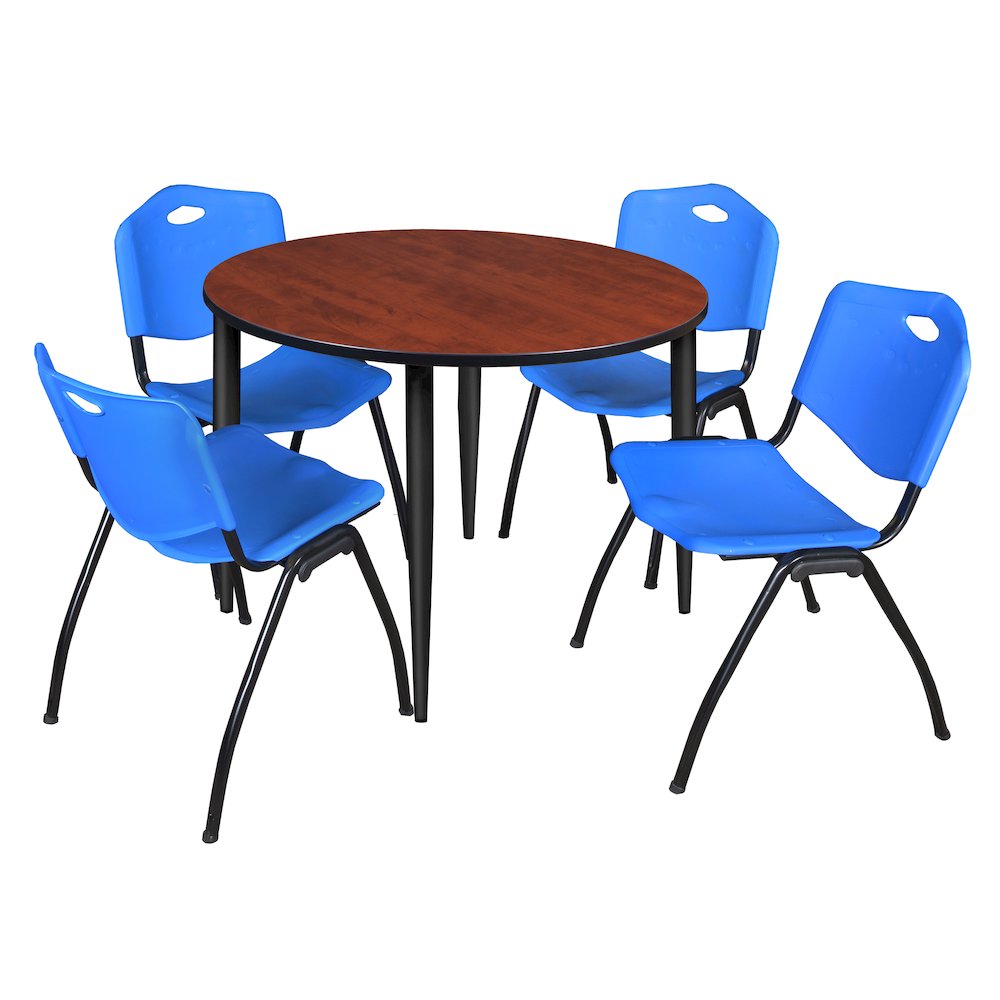 48 in. Round Breakroom Table- Cherry Top, Black Base & 4 M Stack Chairs- Blue. Picture 1