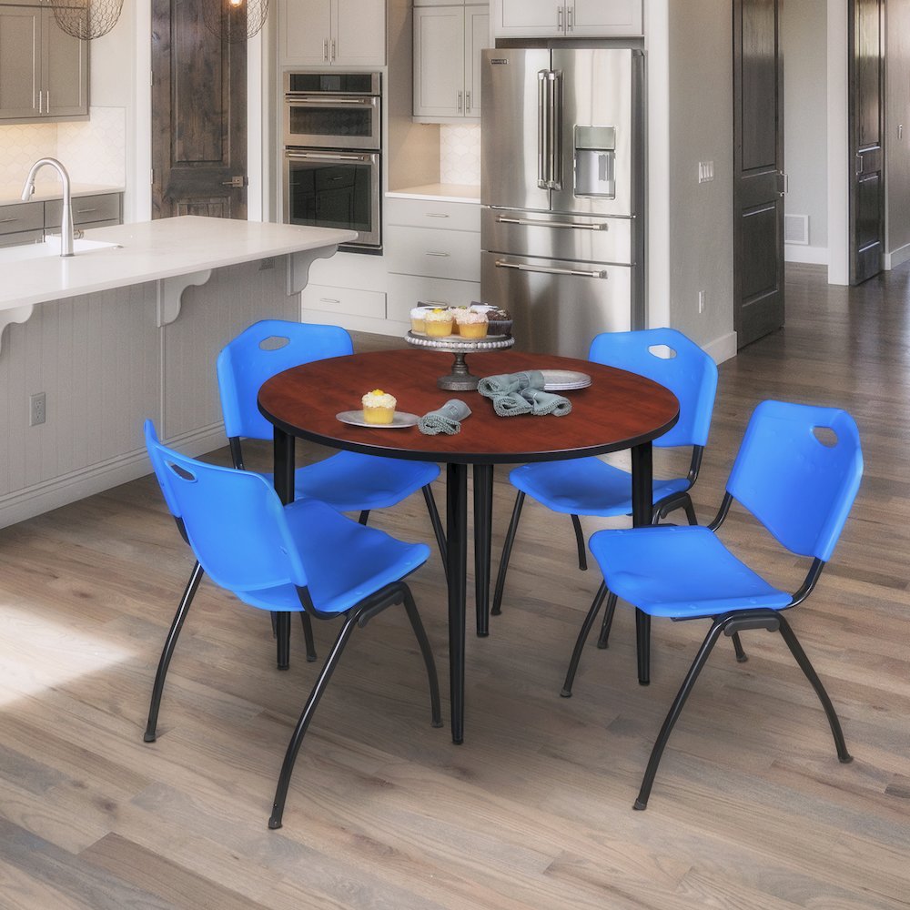48 in. Round Breakroom Table- Cherry Top, Black Base & 4 M Stack Chairs- Blue. Picture 8