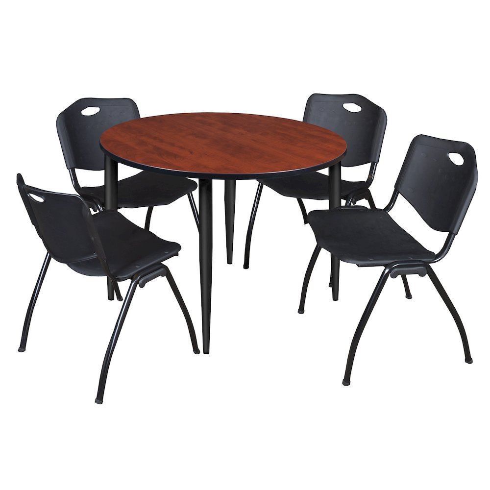 48 in. Round Breakroom Table- Cherry Top, Black Base & 4 M Stack Chairs- Black. Picture 1